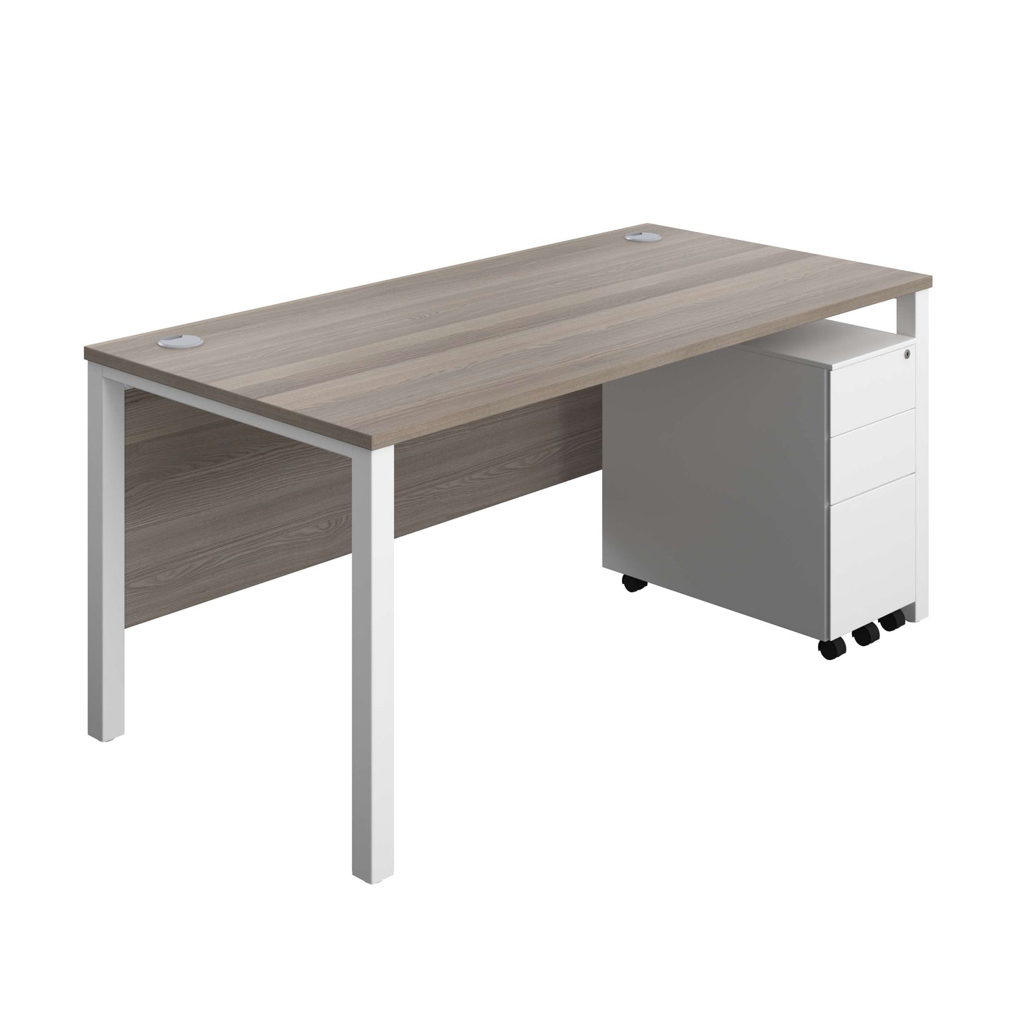 Goal Post Rectangular Desk + 3 Drawer Slimline Steel Pedestal (FSC) | 1600x800 | Grey oak/White