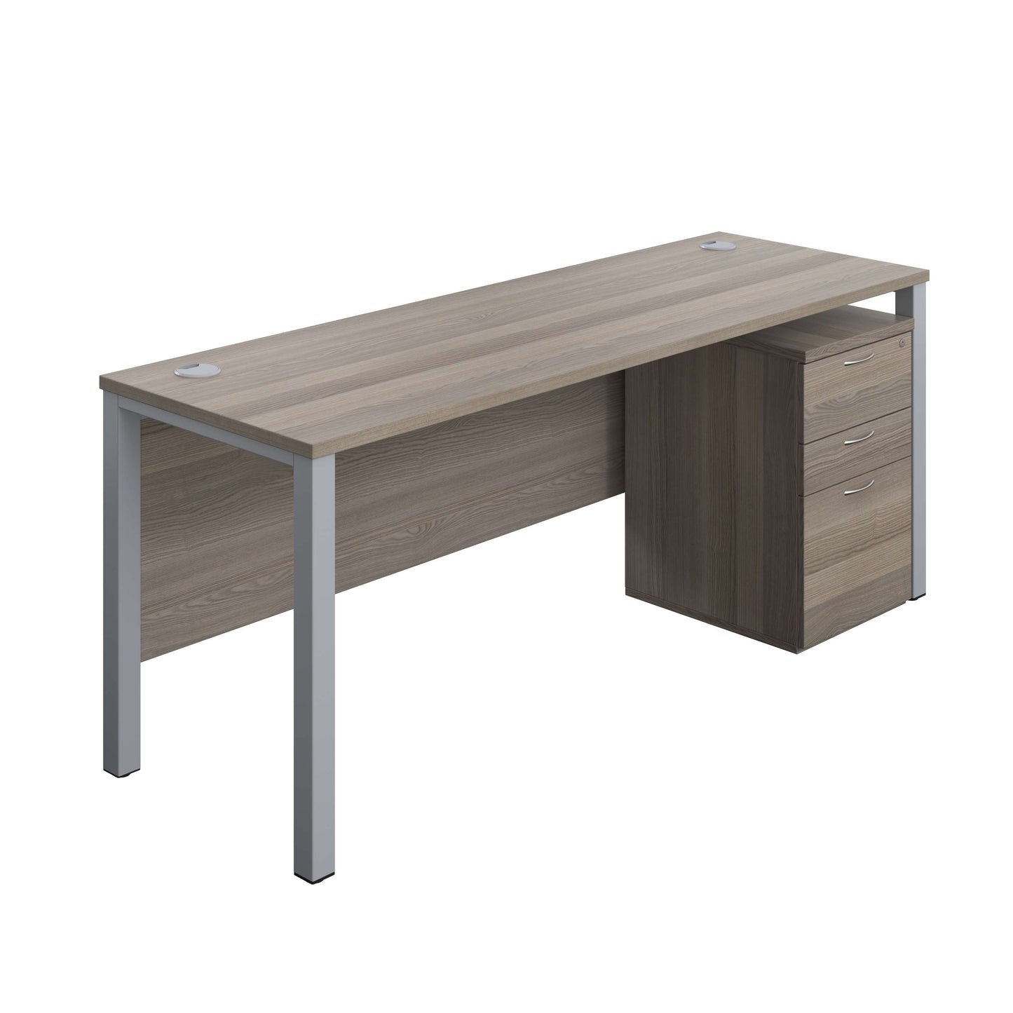 Goal Post Rectangular Desk + 3 Drawer High Mobile Pedestal (FSC) | 1800x600 | Grey oak/Silver