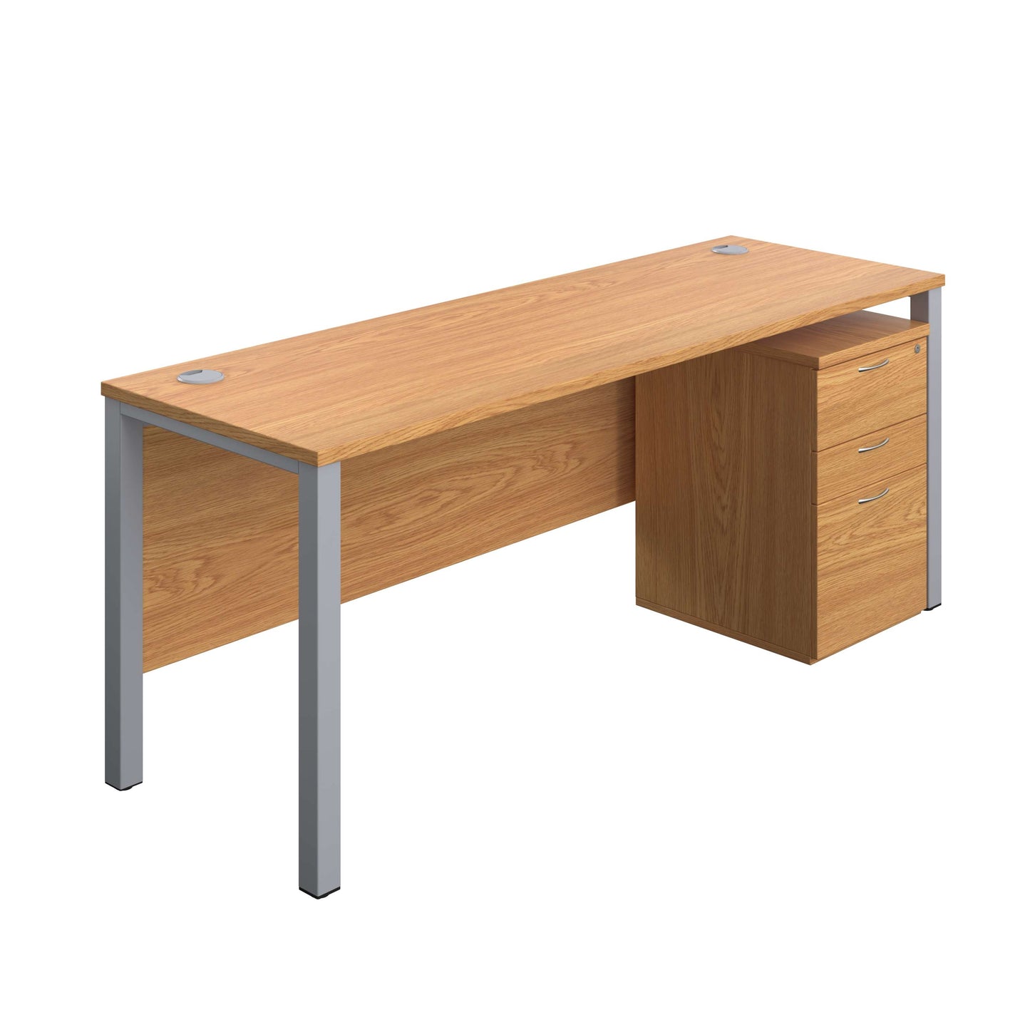 Goal Post Rectangular Desk + 3 Drawer High Mobile Pedestal (FSC) | 1800x600 | Nova oak/Silver