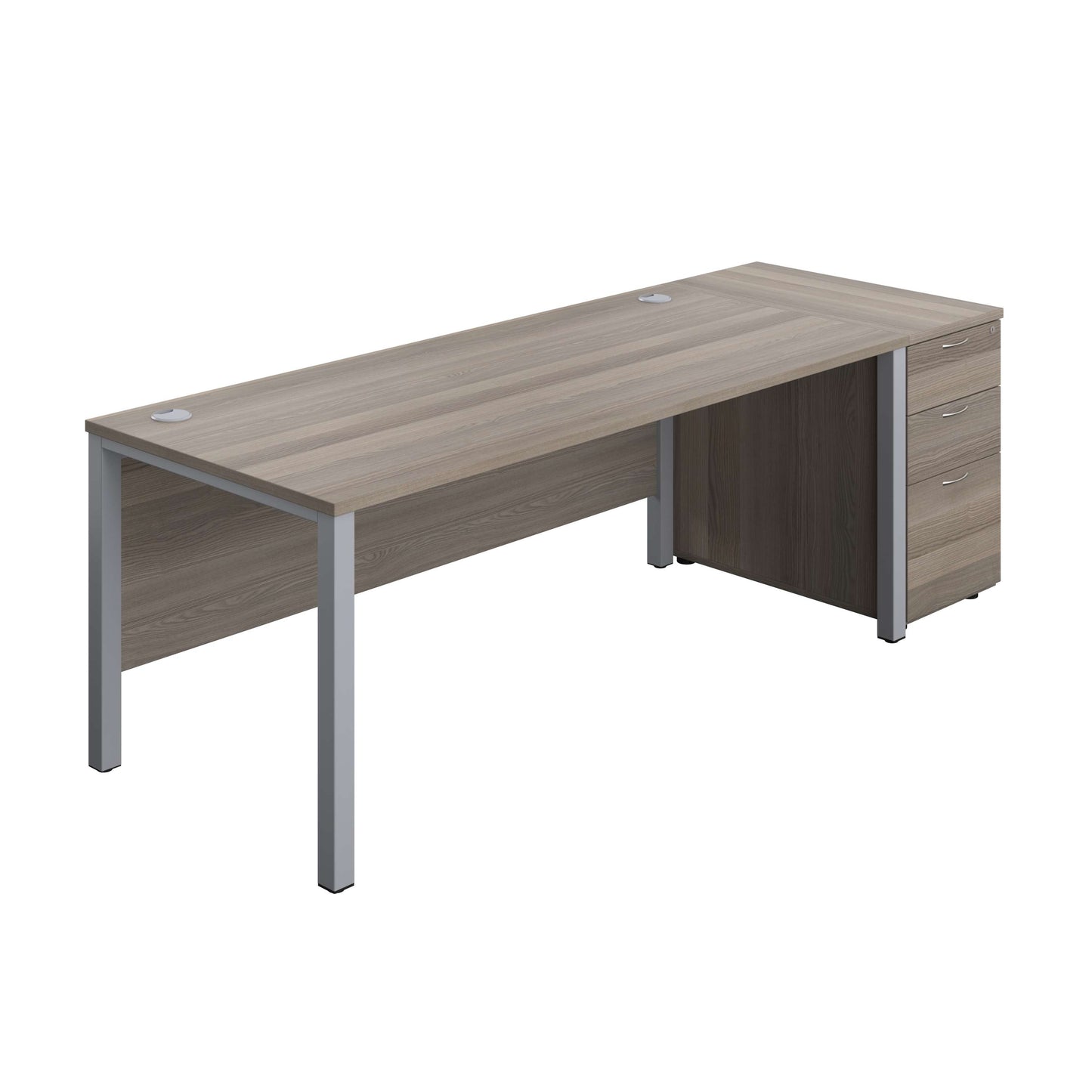 Goal Post Rectangular Desk + 3 Drawer Desk High Pedestal (FSC) | 1800x800 | Grey oak/Silver