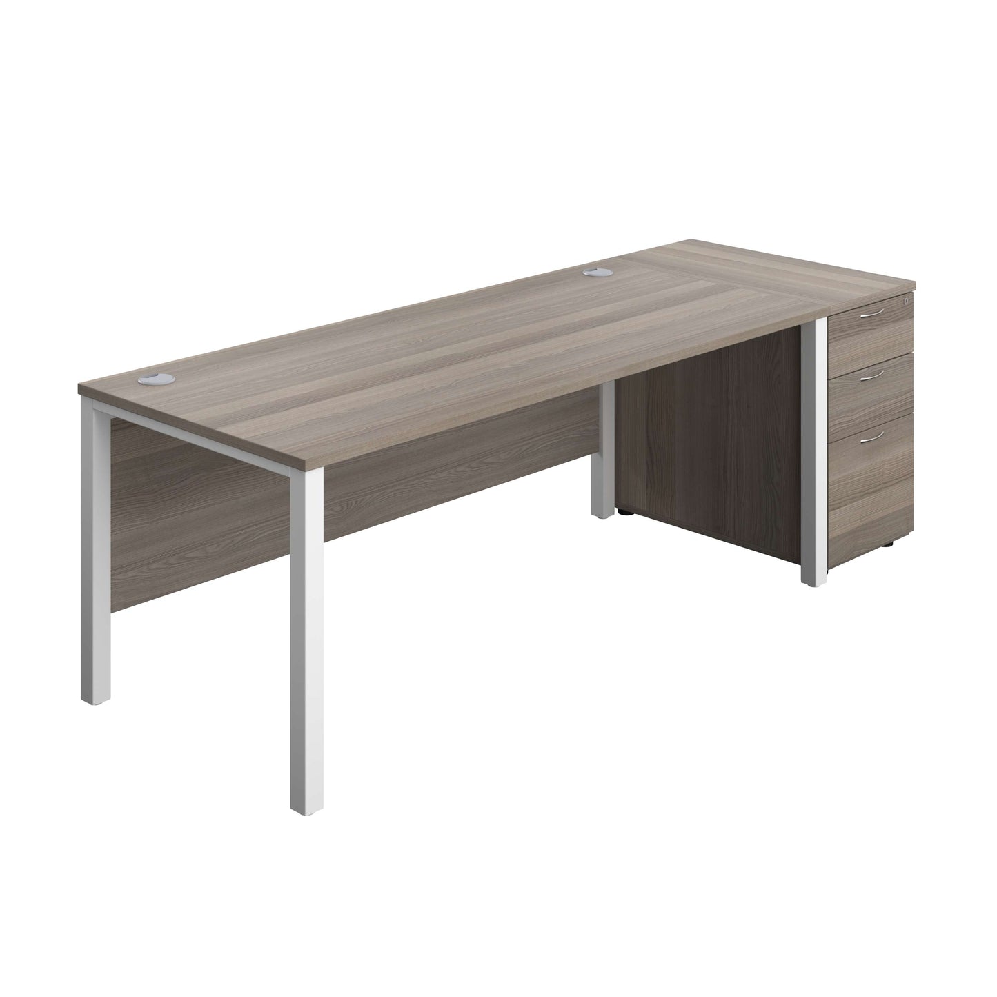 Goal Post Rectangular Desk + 3 Drawer Desk High Pedestal (FSC) | 1800x800 | Grey oak/White
