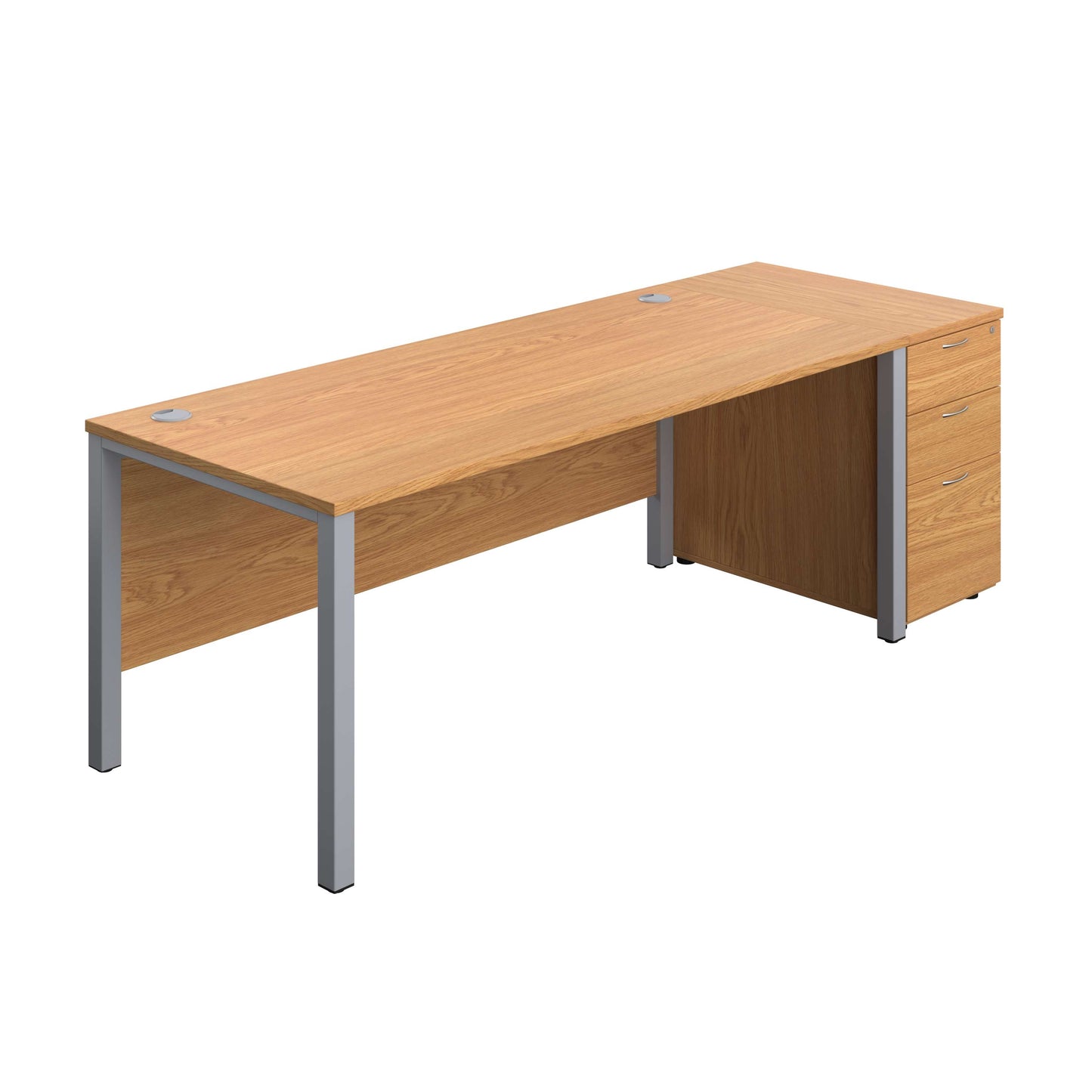 Goal Post Rectangular Desk + 3 Drawer Desk High Pedestal (FSC) | 1800x800 | Nova oak/Silver