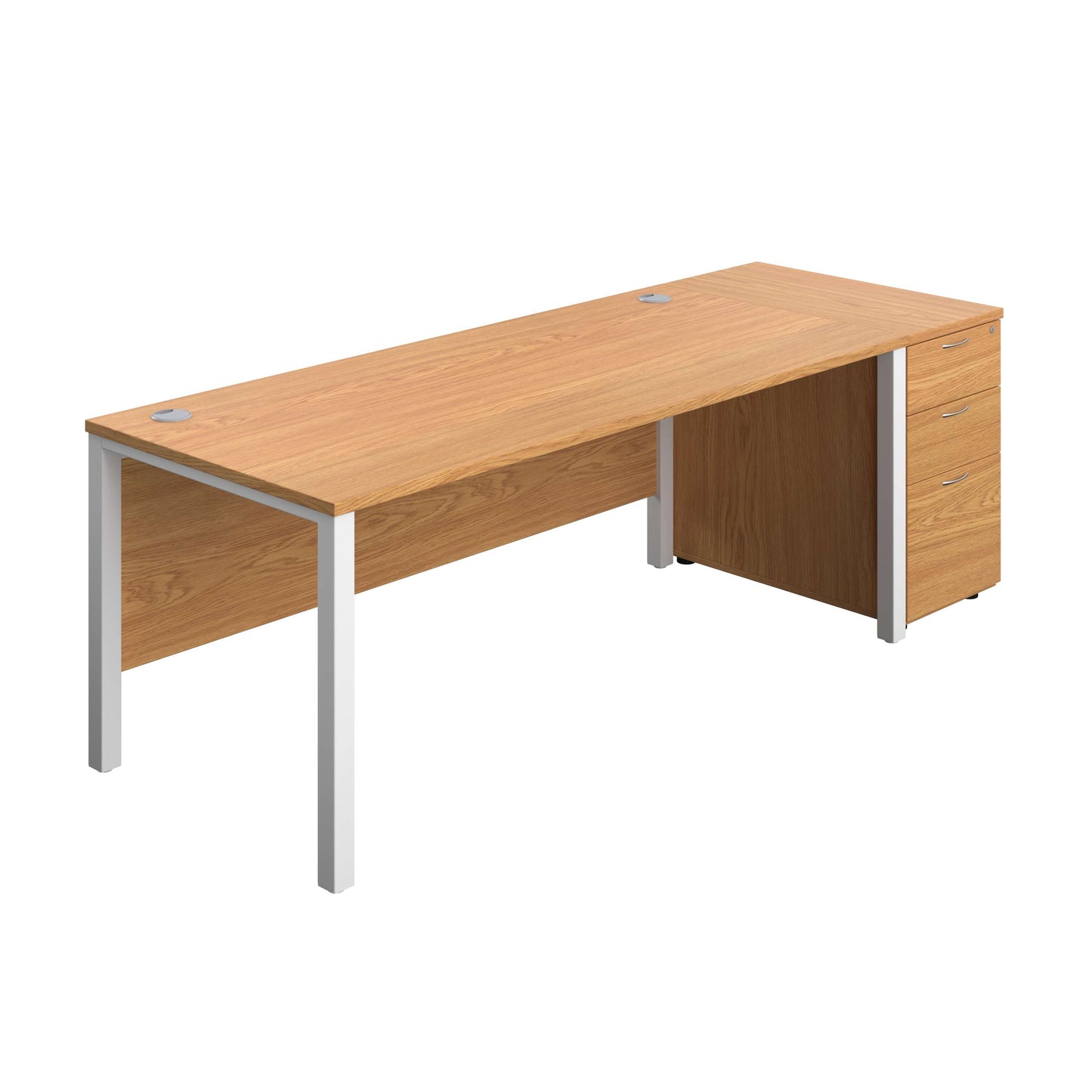 Goal Post Rectangular Desk + 3 Drawer Desk High Pedestal (FSC) | 1800x800 | Nova oak/White
