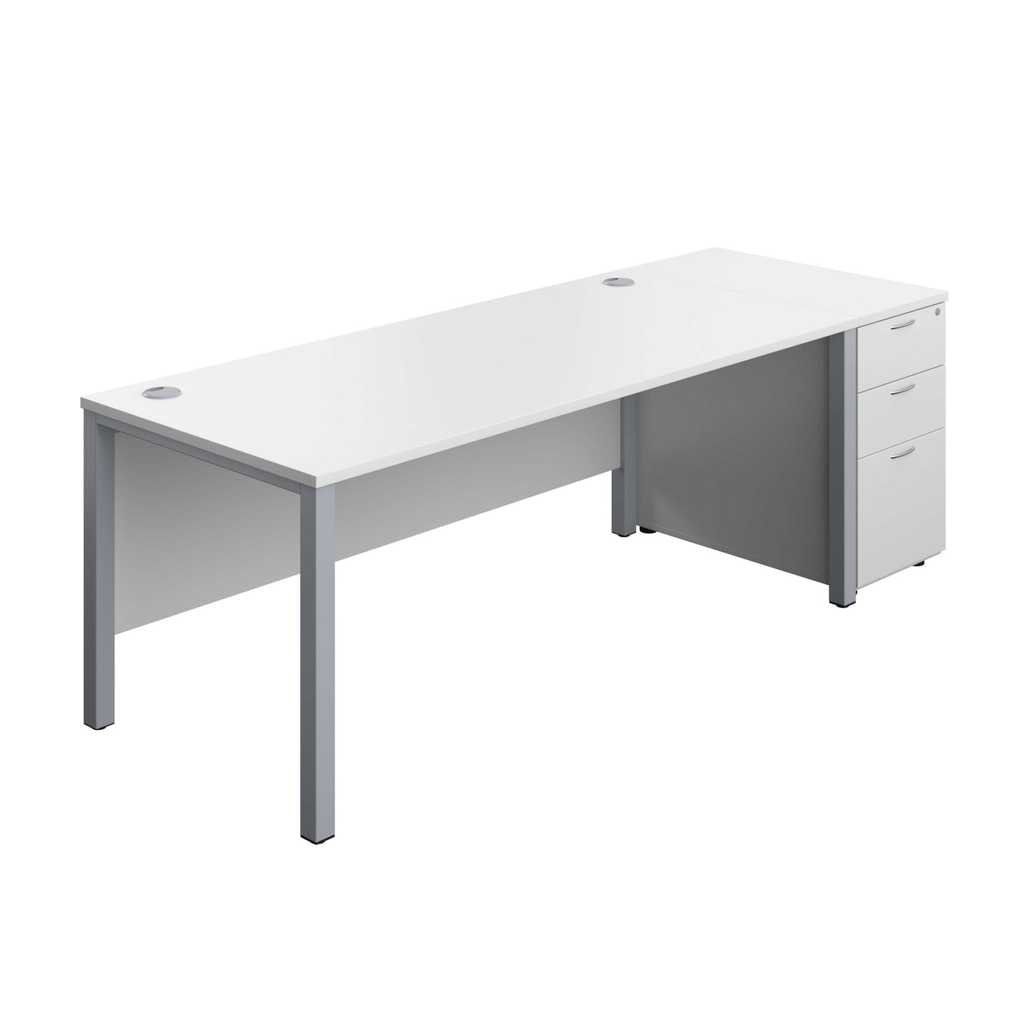 Goal Post Rectangular Desk + 3 Drawer Desk High Pedestal (FSC) | 1800x800 | White/Silver