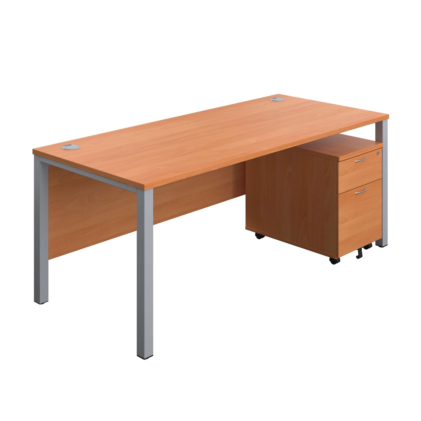 Goal Post Rectangular Desk + 2 Drawer Mobile Pedestal (FSC) | 1800x800 | Beech/Silver
