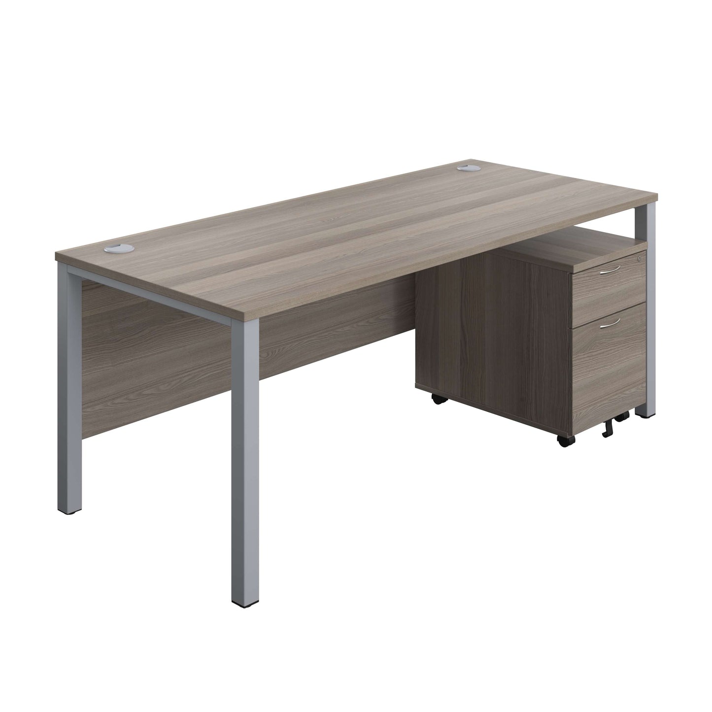 Goal Post Rectangular Desk + 2 Drawer Mobile Pedestal (FSC) | 1800x800 | Grey oak/Silver