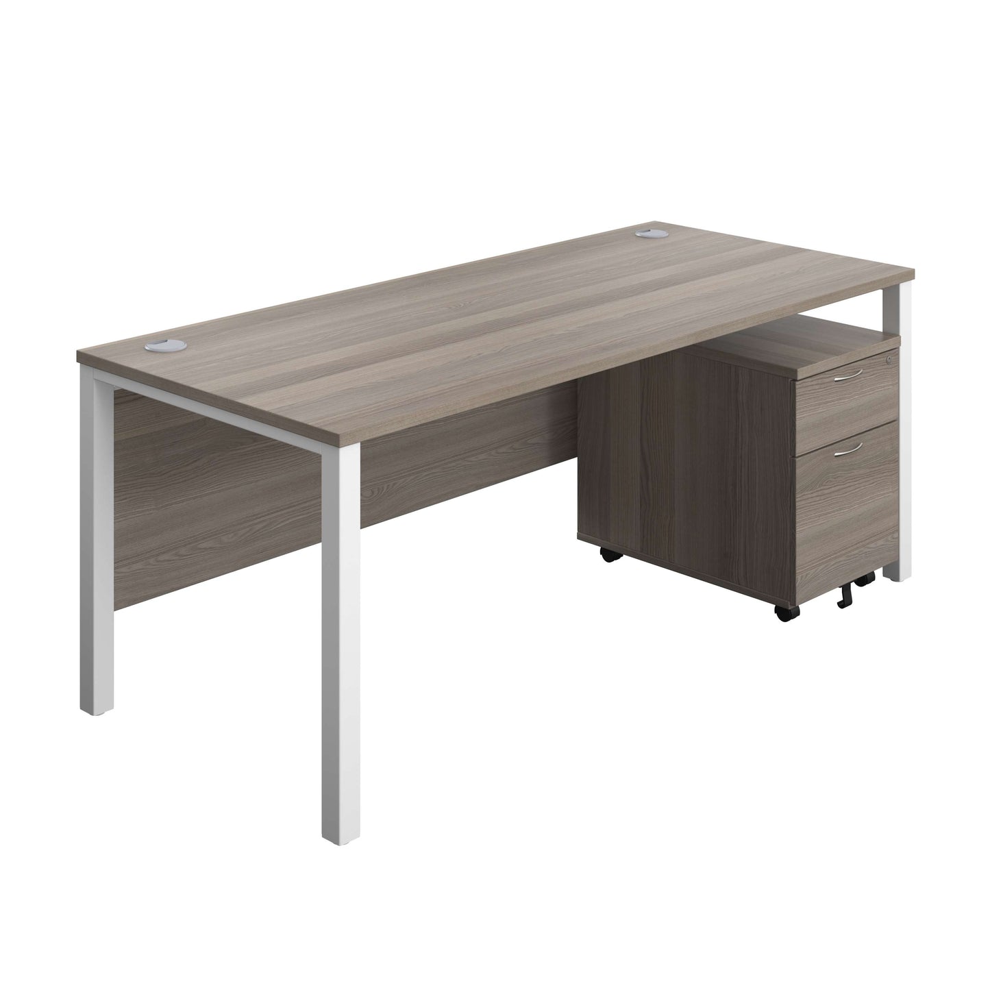 Goal Post Rectangular Desk + 2 Drawer Mobile Pedestal (FSC) | 1800x800 | Grey oak/White