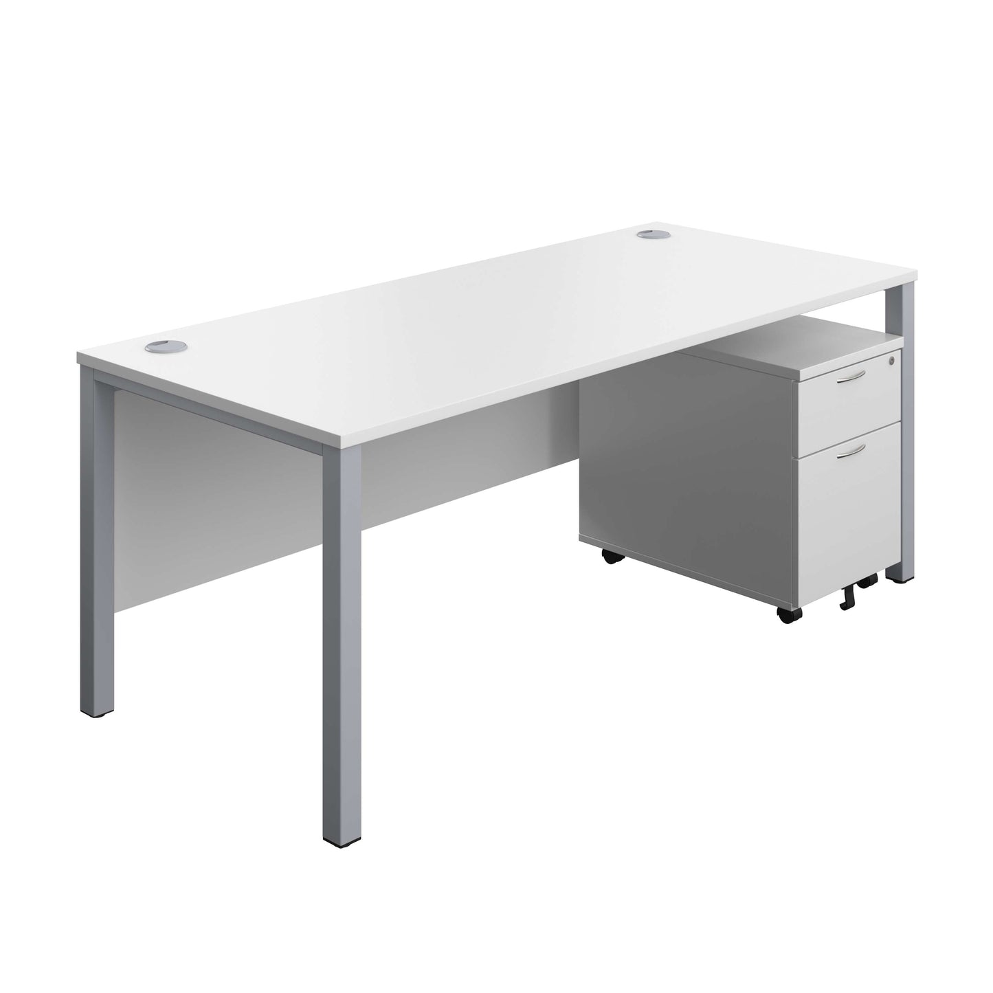 Goal Post Rectangular Desk + 2 Drawer Mobile Pedestal (FSC) | 1800x800 | White/Silver