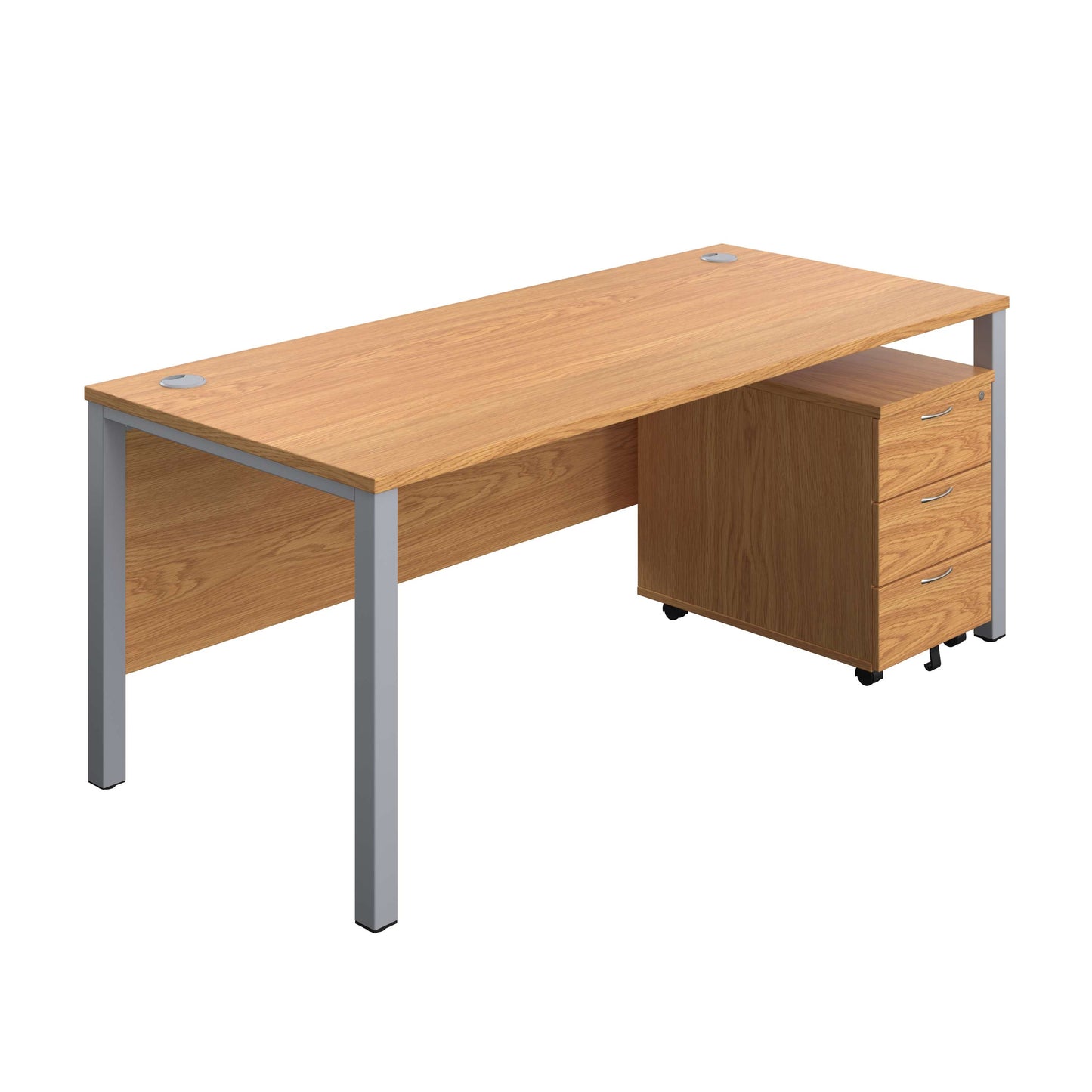 Goal Post Rectangular Desk + 3 Drawer Mobile Pedestal (FSC) | 1800x800 | Nova oak/Silver