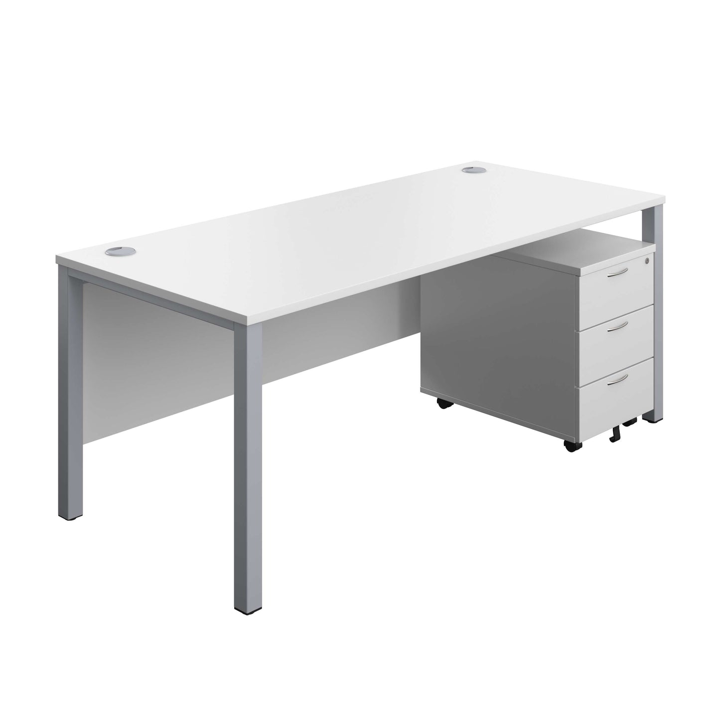 Goal Post Rectangular Desk + 3 Drawer Mobile Pedestal (FSC) | 1800x800 | White/Silver