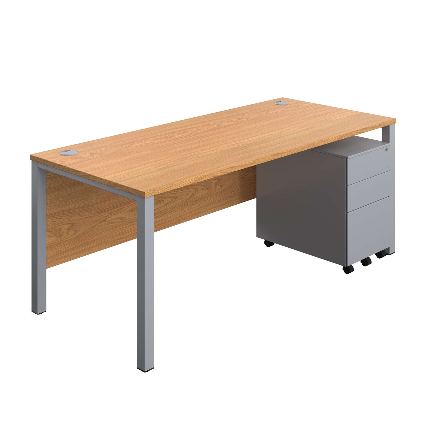 Goal Post Rectangular Desk + 3 Drawer Steel Pedestal (FSC) | 1800x800 | Nova oak/Silver
