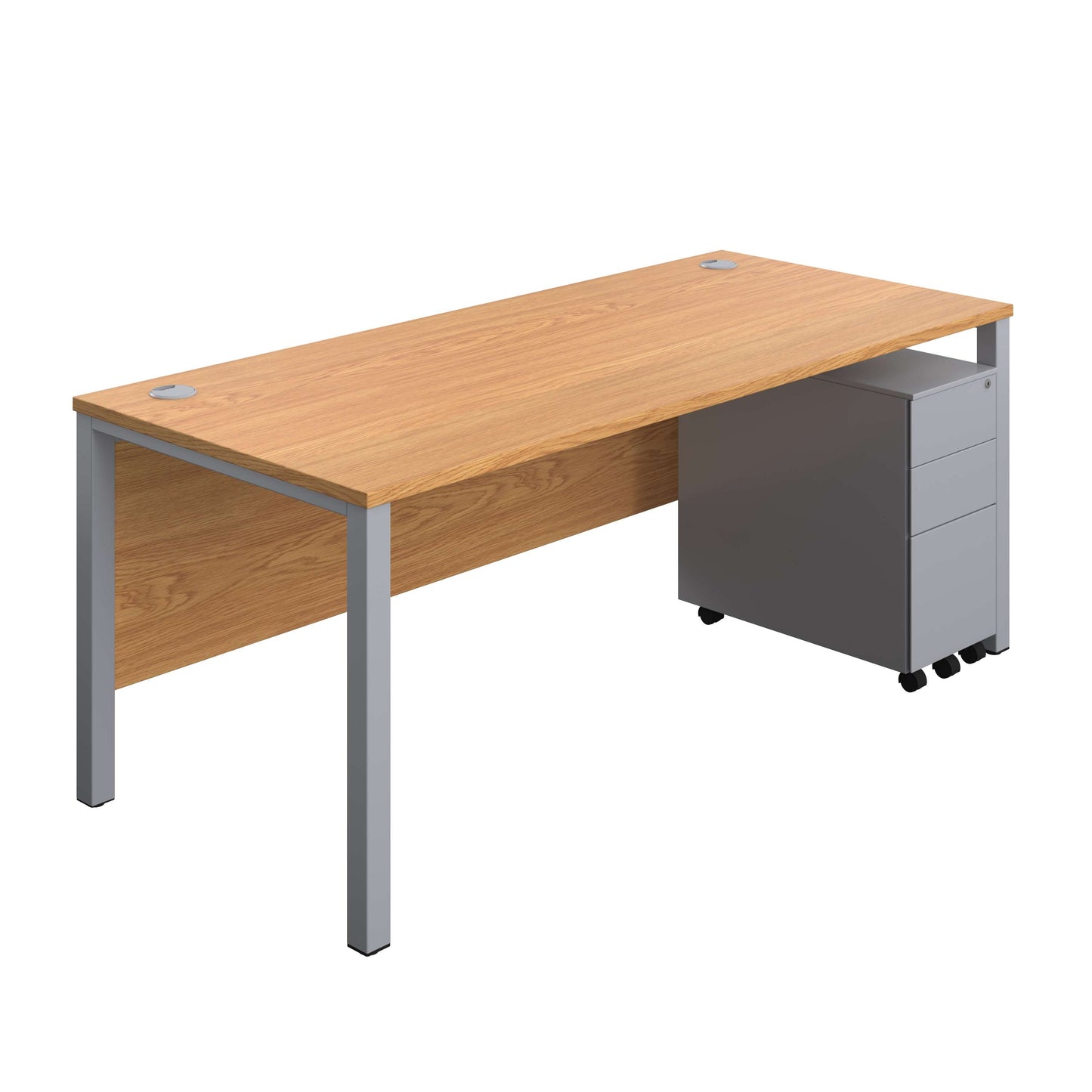 Goal Post Rectangular Desk + 3 Drawer Slimline Steel Pedestal (FSC) | 1800x800 | Nova oak/Silver