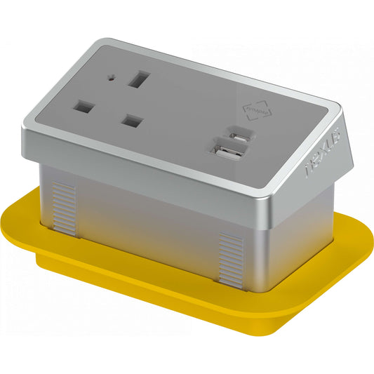 Rectangular In-Desk Power Module + 3 Metre Mains Cable Bundle | 1 Outlet | Synapseâ„¢ 100W USB-C, 27W USB-A | Silver/Grey