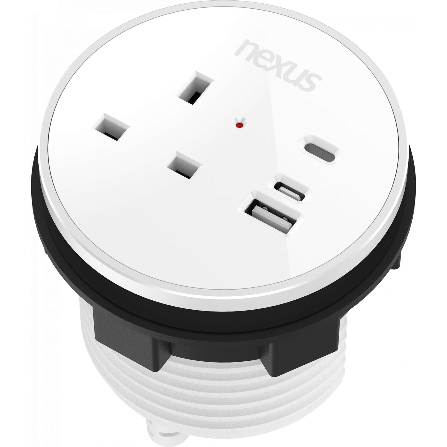 Circular In-Desk Power Module + 3 Metre Mains Cable Bundle | 1 Outlet | 30W USB-C, 27W USB-A, USB-C Blank | White Housing/White Bezel/White Veneer
