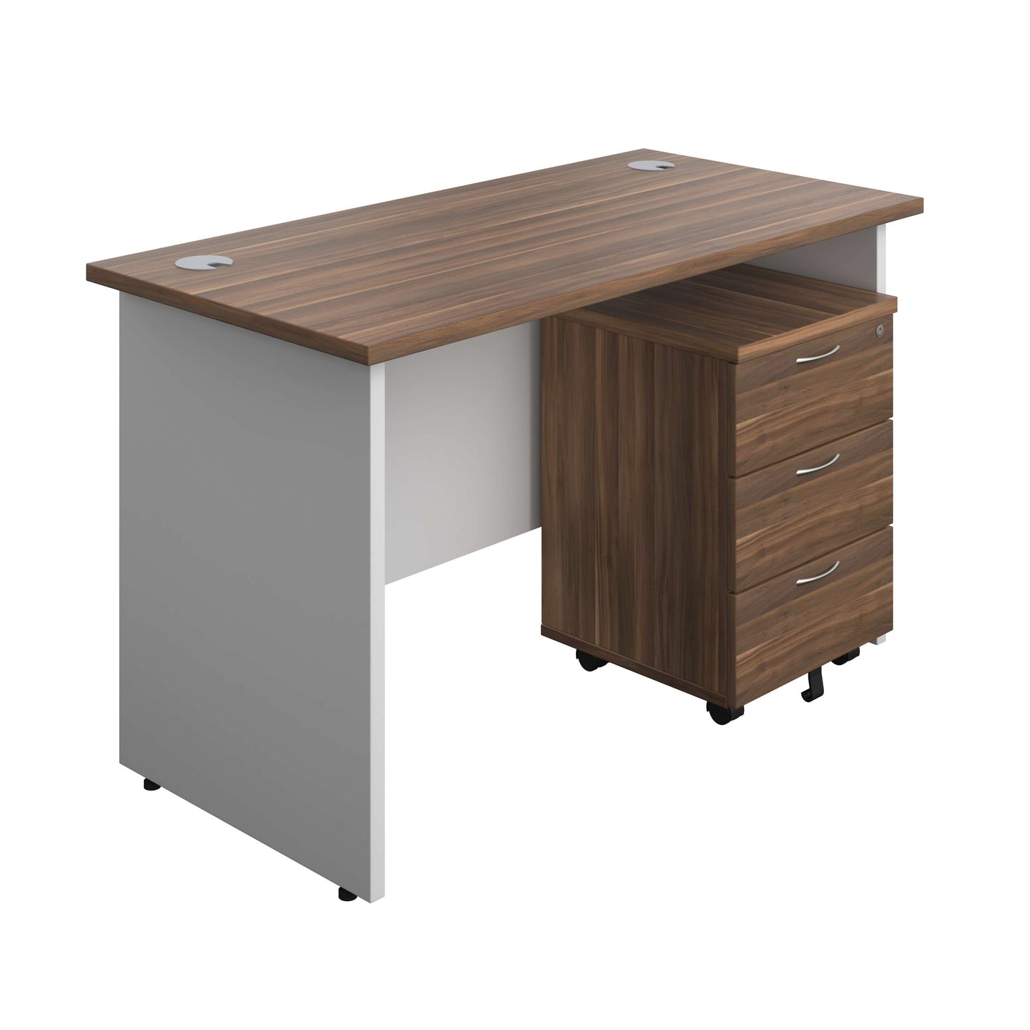 Panel Plus Rectangular Desk + 3 Drawer Mobile Pedestal Bundle (FSC) | 1200X600 | Dark Walnut/White