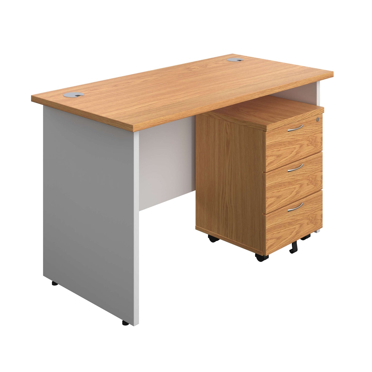 Panel Plus Rectangular Desk + 3 Drawer Mobile Pedestal Bundle (FSC) | 1200X600 | Nova Oak/White