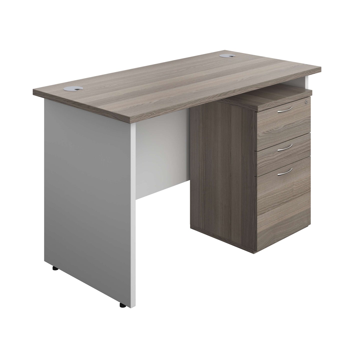 Panel Plus Rectangular Desk + 3 Drawer High Mobile Pedestal Bundle (FSC) | 1200X600 | Grey Oak/White