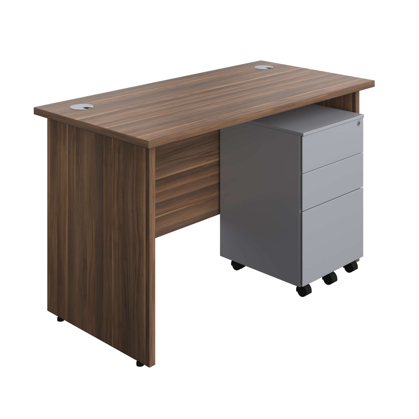 Panel Rectangular Desk + 3 Drawer Steel Pedestal Bundle (FSC) | 1200X600 | Dark Walnut/Silver