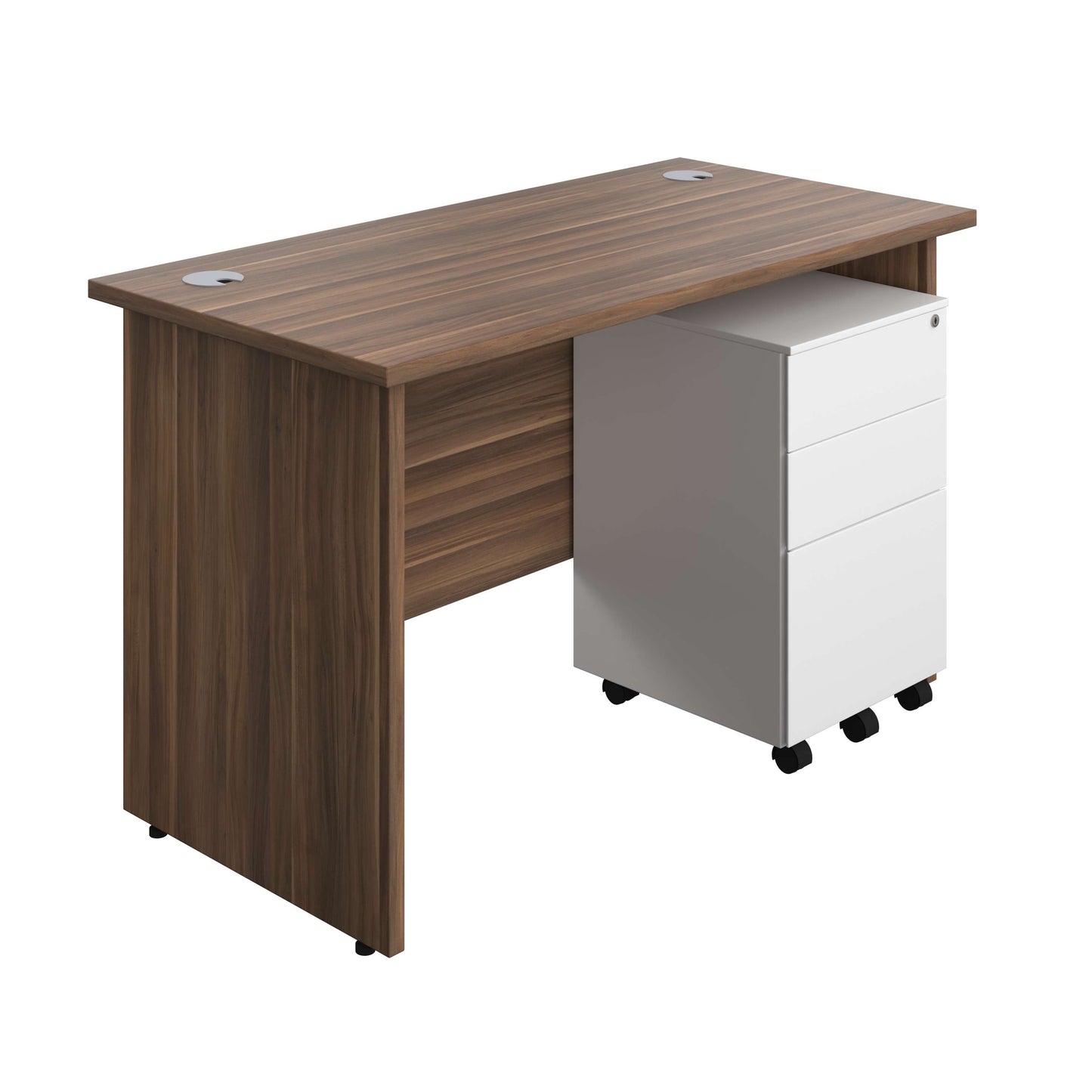 Panel Rectangular Desk + 3 Drawer Steel Pedestal Bundle (FSC) | 1200X600 | Dark Walnut/White