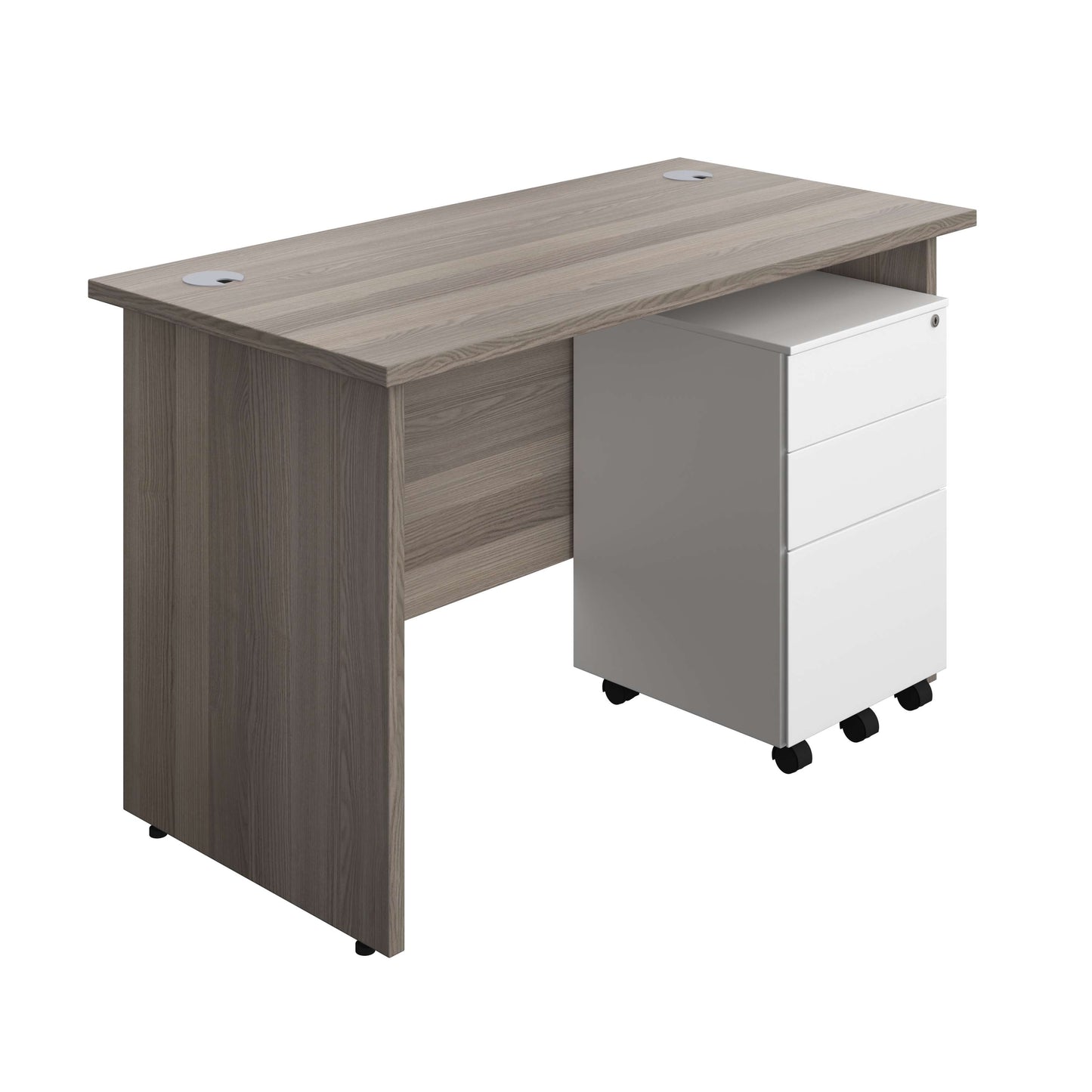 Panel Rectangular Desk + 3 Drawer Steel Pedestal Bundle (FSC) | 1200X600 | Grey Oak/White