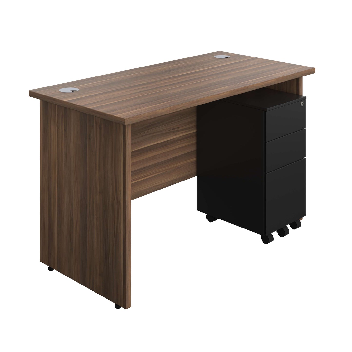 Panel Rectangular Desk + 3 Drawer Slimline Steel Pedestal Bundle (FSC) | 1200X600 | Dark Walnut/Black