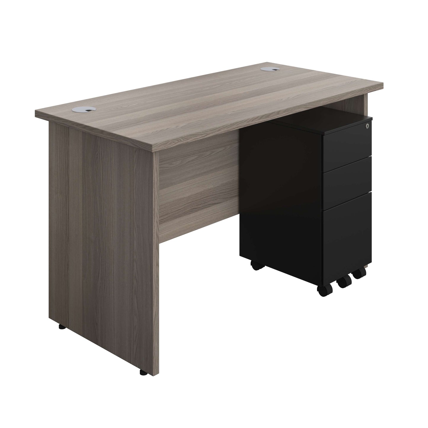 Panel Rectangular Desk + 3 Drawer Slimline Steel Pedestal Bundle (FSC) | 1200X600 | Grey Oak/Black