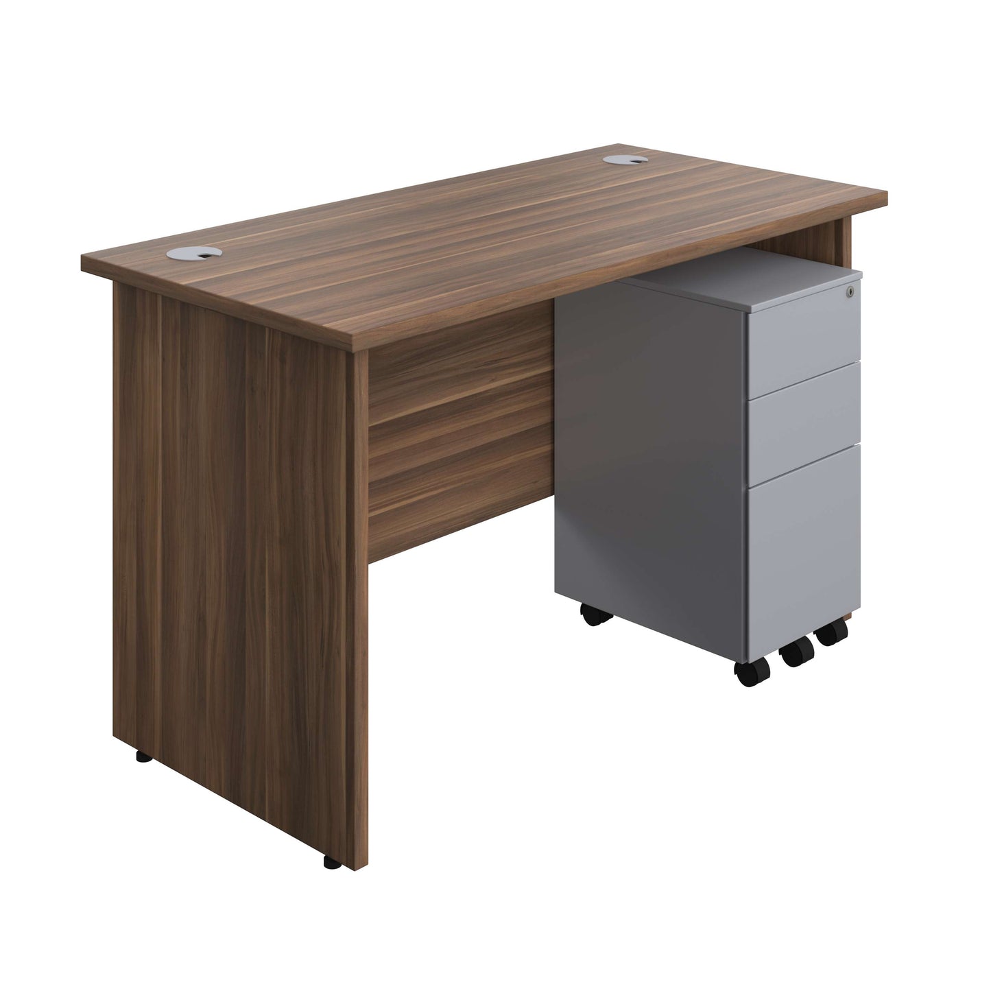 Panel Rectangular Desk + 3 Drawer Slimline Steel Pedestal Bundle (FSC) | 1200X600 | Dark Walnut/Silver