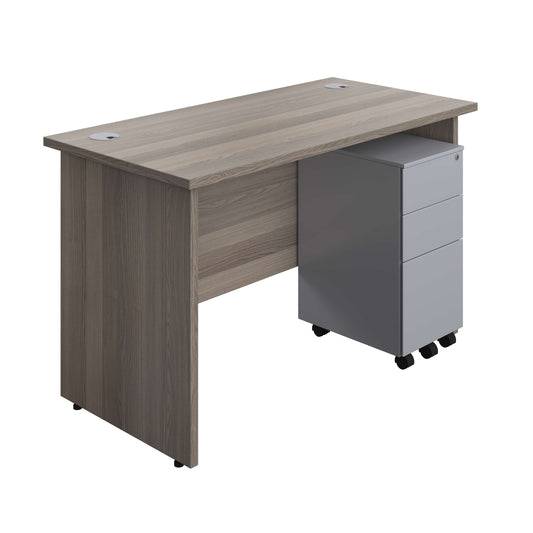 Panel Rectangular Desk + 3 Drawer Slimline Steel Pedestal Bundle (FSC) | 1200X600 | Grey Oak/Silver