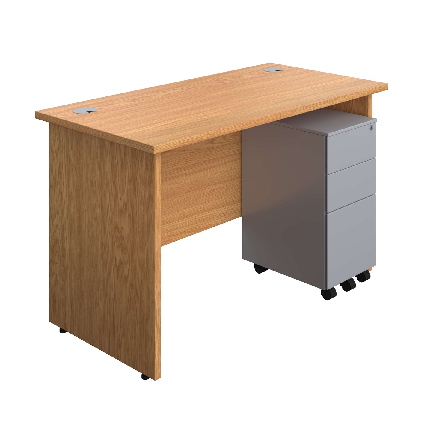 Panel Rectangular Desk + 3 Drawer Slimline Steel Pedestal Bundle (FSC) | 1200X600 | Nova Oak/Silver