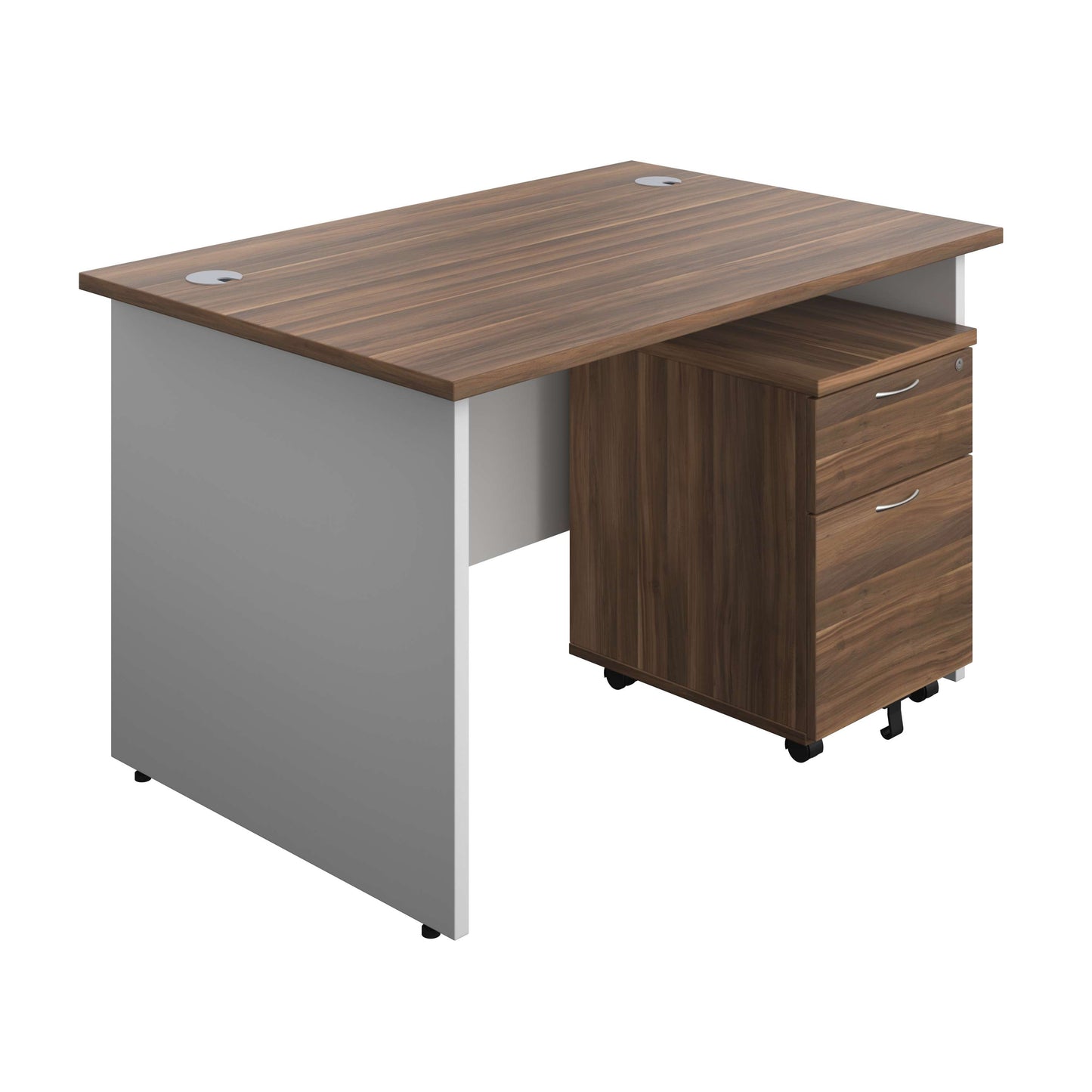 Panel Plus Rectangular Desk + 2 Drawer Mobile Pedestal Bundle (FSC) | 1200X800 | Dark Walnut/White