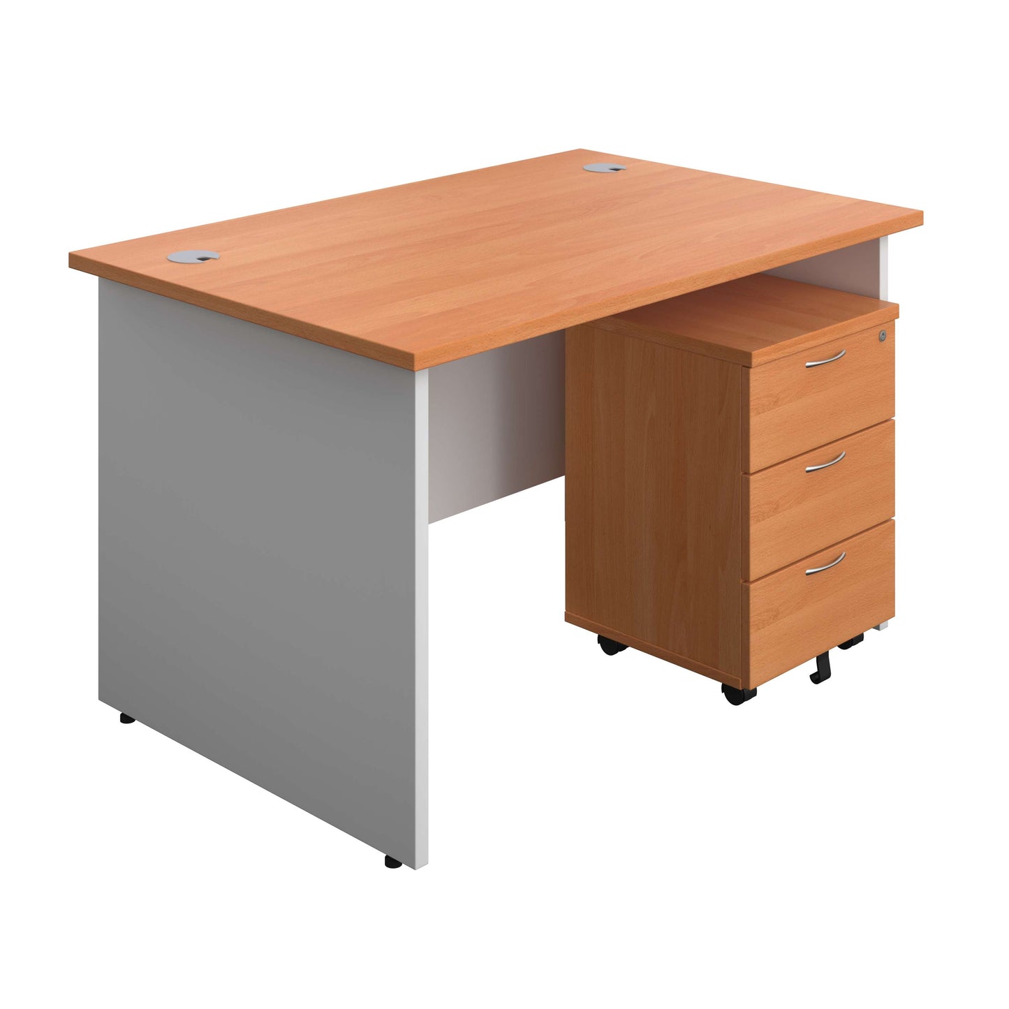 Panel Plus Rectangular Desk + 3 Drawer Mobile Pedestal Bundle (FSC) | 1200X800 | Beech/White
