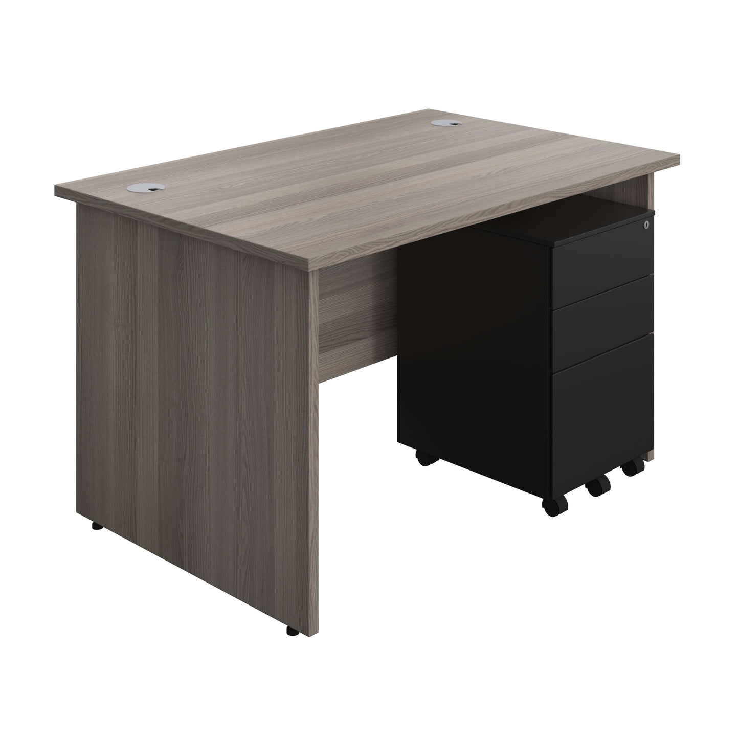 Panel Rectangular Desk + 3 Drawer Steel Pedestal Bundle (FSC) | 1200X800 | Grey Oak/Black