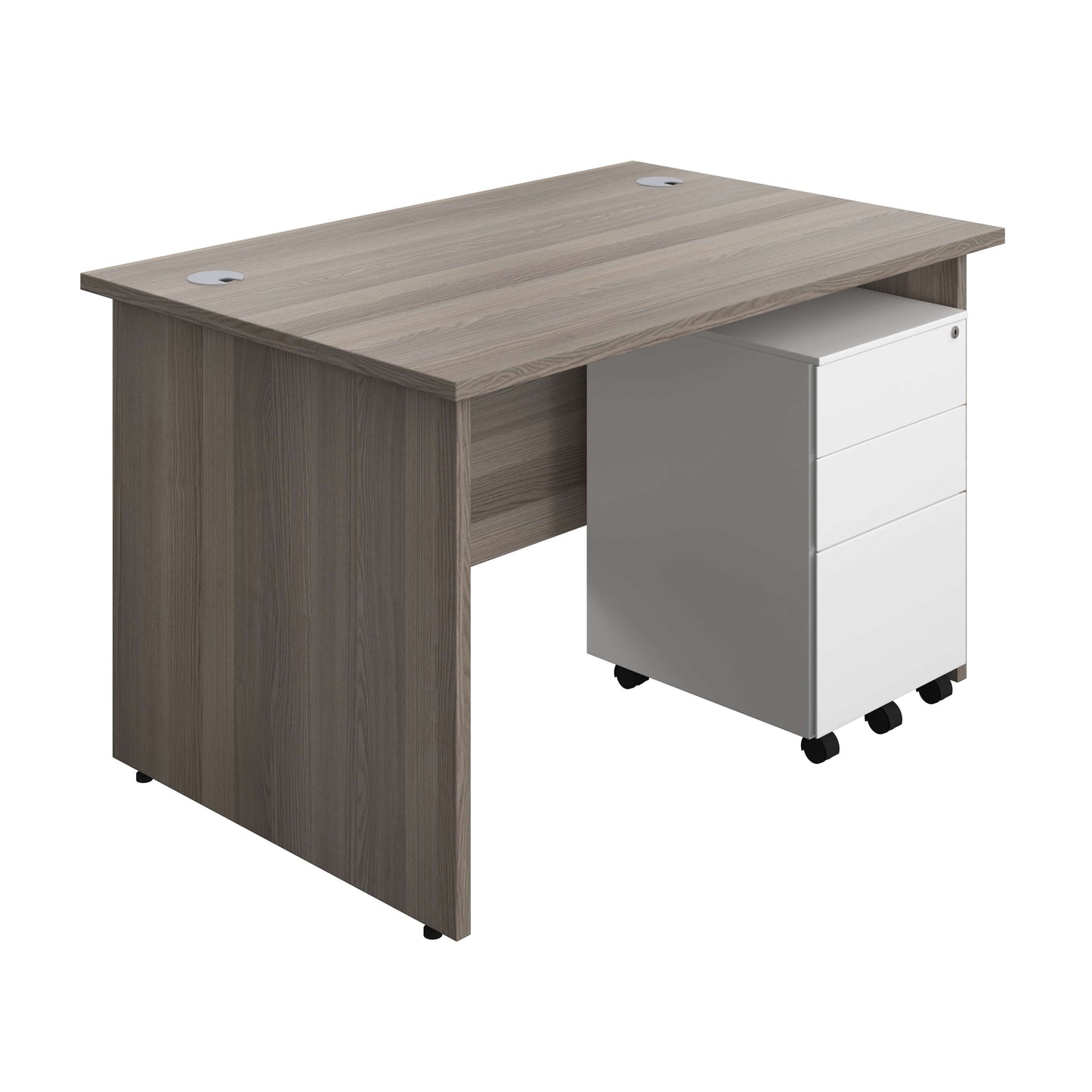 Panel Rectangular Desk + 3 Drawer Steel Pedestal Bundle (FSC) | 1200X800 | Grey Oak/White