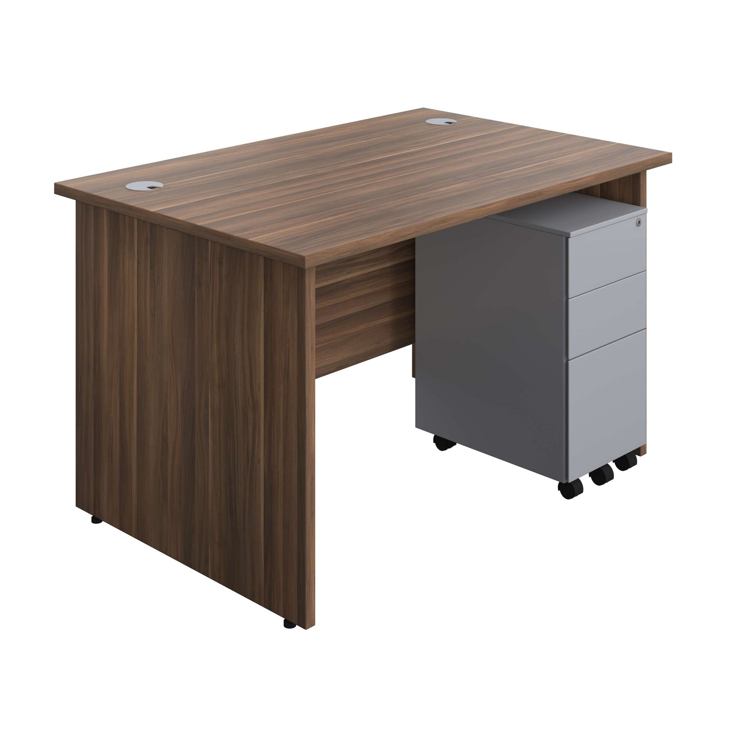 Panel Rectangular Desk + 3 Drawer Slimline Steel Pedestal Bundle (FSC) | 1200X800 | Dark Walnut/Silver