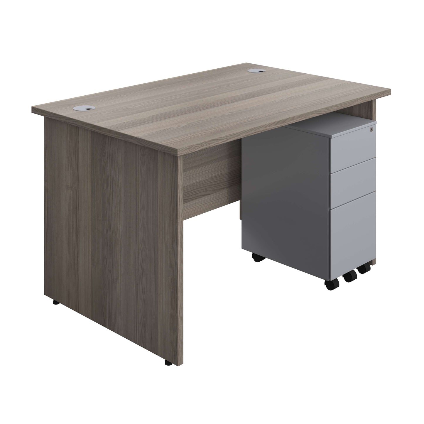 Panel Rectangular Desk + 3 Drawer Slimline Steel Pedestal Bundle (FSC) | 1200X800 | Grey Oak/Silver