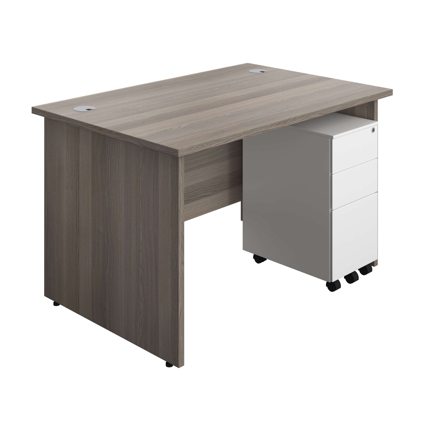 Panel Rectangular Desk + 3 Drawer Slimline Steel Pedestal Bundle (FSC) | 1200X800 | Grey Oak/White