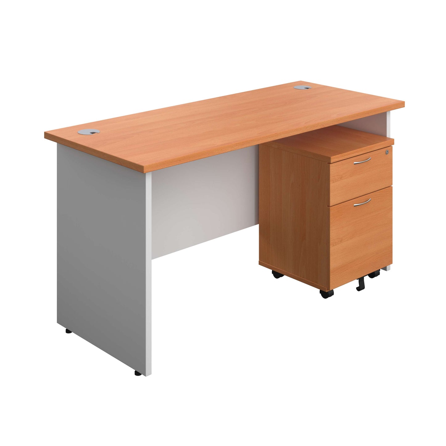 Panel Plus Rectangular Desk + 2 Drawer Mobile Pedestal Bundle (FSC) | 1400X600 | Beech/White