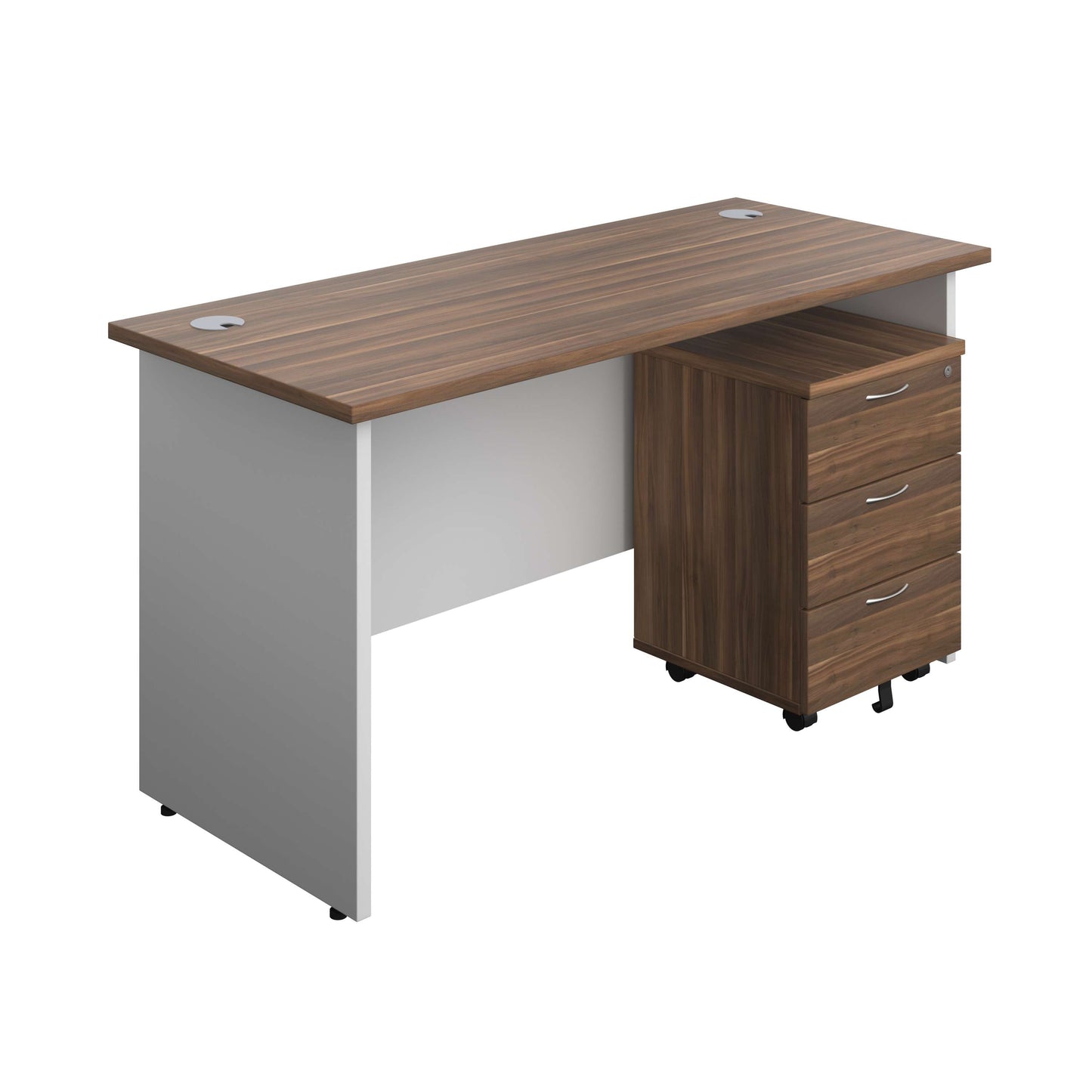 Panel Plus Rectangular Desk + 3 Drawer Mobile Pedestal Bundle (FSC) | 1400X600 | Dark Walnut/White