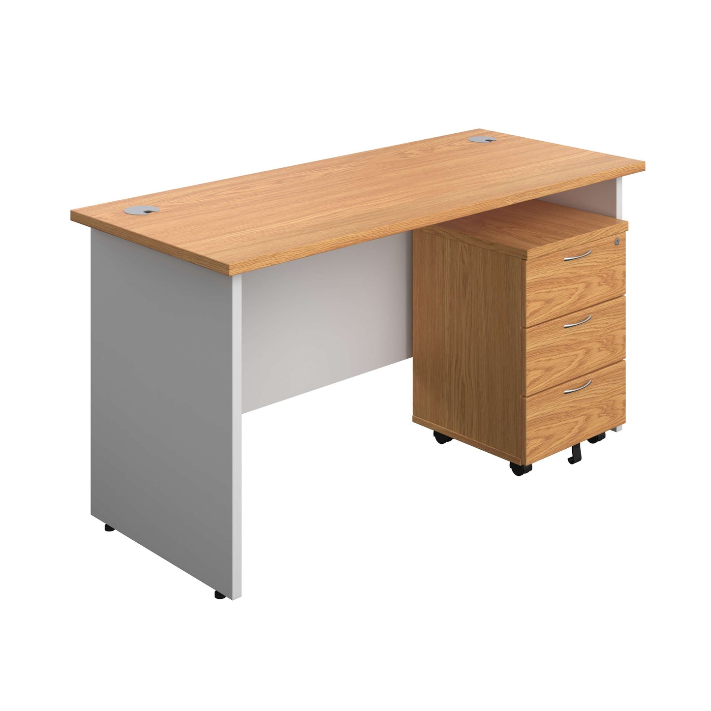 Panel Plus Rectangular Desk + 3 Drawer Mobile Pedestal Bundle (FSC) | 1400X600 | Nova Oak/White