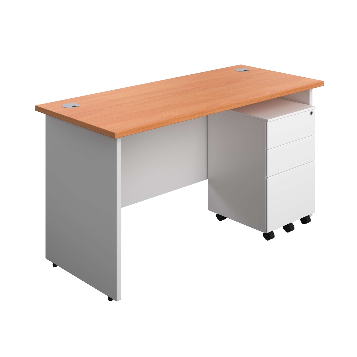 Panel Plus Rectangular Desk + 3 Drawer Steel Pedestal Bundle (FSC) | 1400X600 | Beech/White