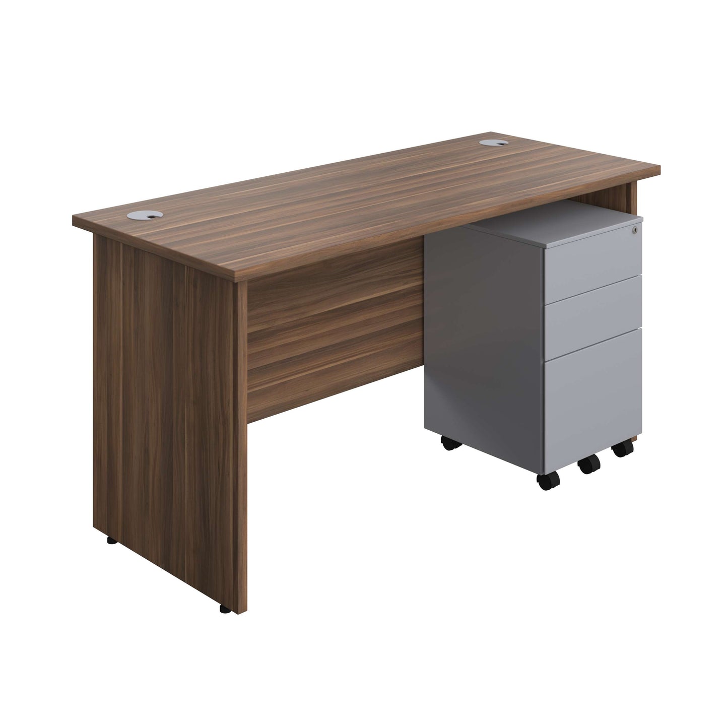 Panel Rectangular Desk + 3 Drawer Steel Pedestal Bundle (FSC) | 1400X600 | Dark Walnut/Silver