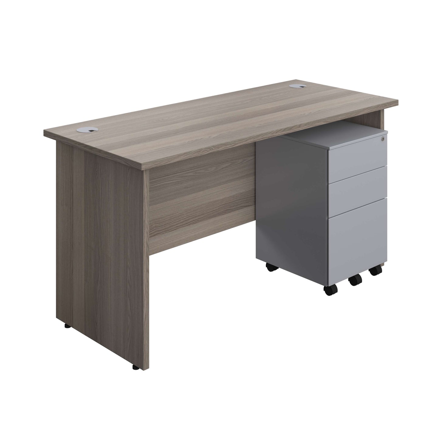 Panel Rectangular Desk + 3 Drawer Steel Pedestal Bundle (FSC) | 1400X600 | Grey Oak/Silver