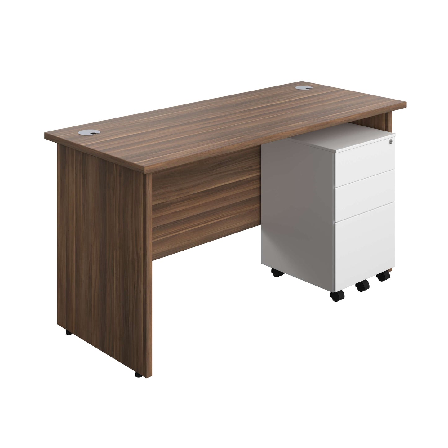 Panel Rectangular Desk + 3 Drawer Steel Pedestal Bundle (FSC) | 1400X600 | Dark Walnut/White