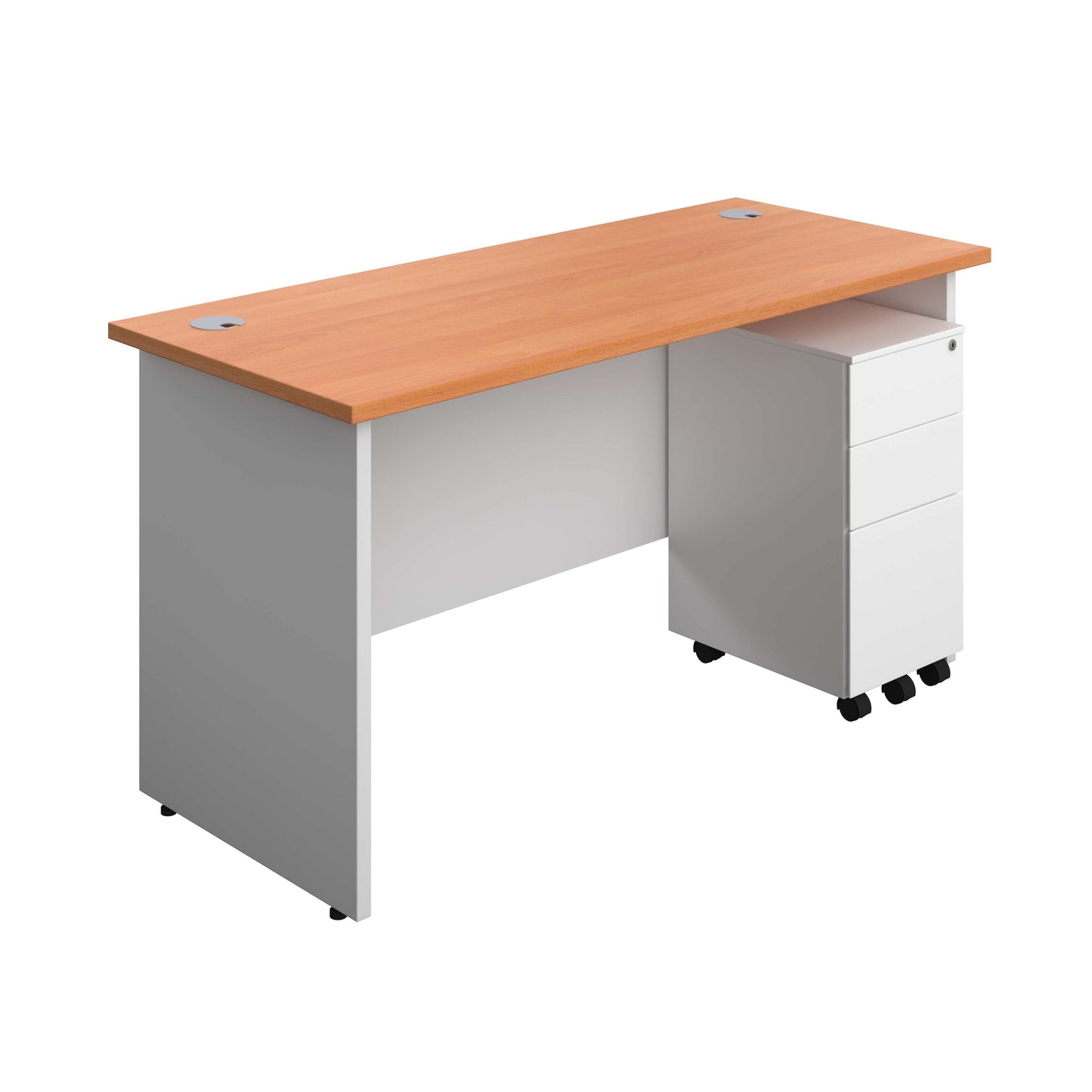 Panel Plus Rectangular Desk + 3 Drawer Slimline Steel Pedestal Bundle (FSC) | 1400X600 | Beech/White