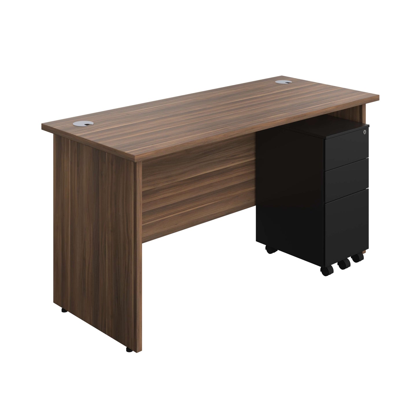 Panel Rectangular Desk + 3 Drawer Slimline Steel Pedestal Bundle (FSC) | 1400X600 | Dark Walnut/Black