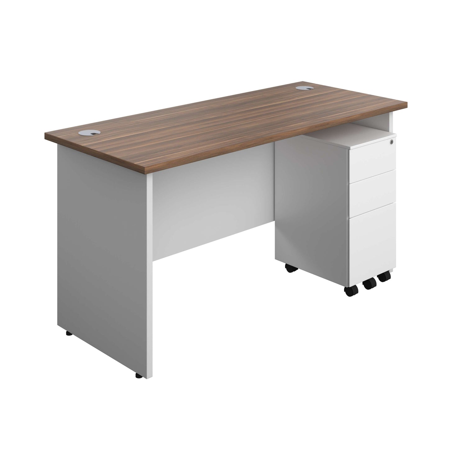 Panel Plus Rectangular Desk + 3 Drawer Slimline Steel Pedestal Bundle (FSC) | 1400X600 | Dark Walnut/White