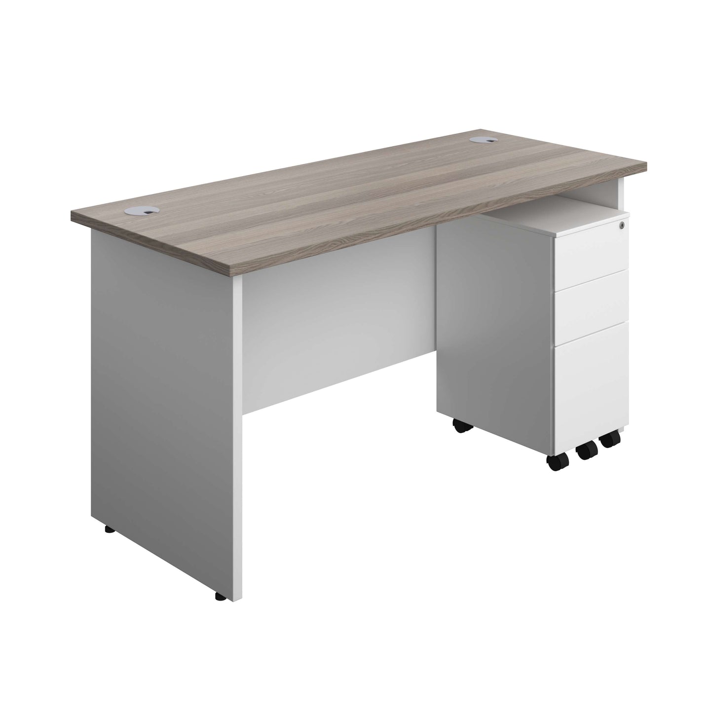 Panel Plus Rectangular Desk + 3 Drawer Slimline Steel Pedestal Bundle (FSC) | 1400X600 | Grey Oak/White