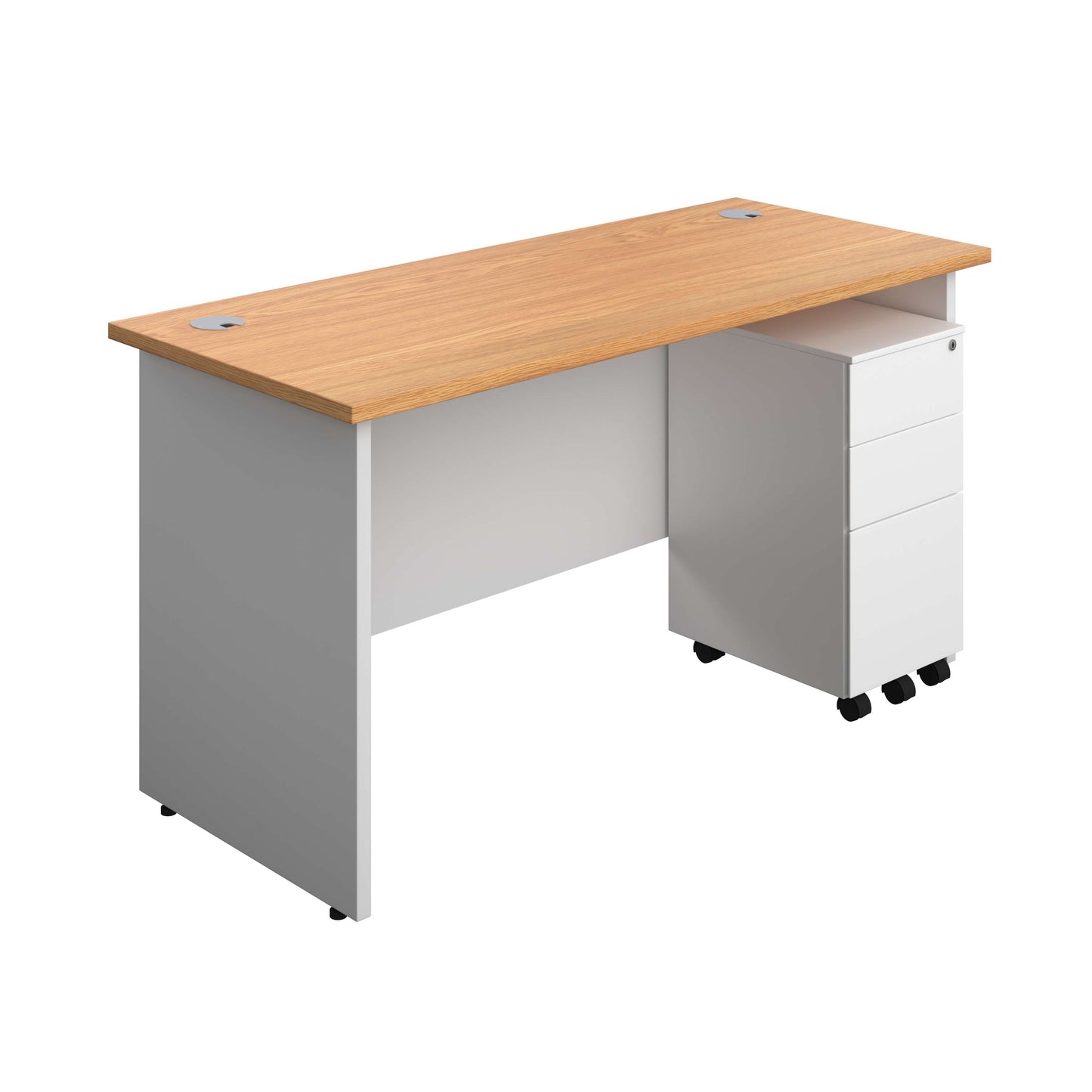 Panel Plus Rectangular Desk + 3 Drawer Slimline Steel Pedestal Bundle (FSC) | 1400X600 | Nova Oak/White