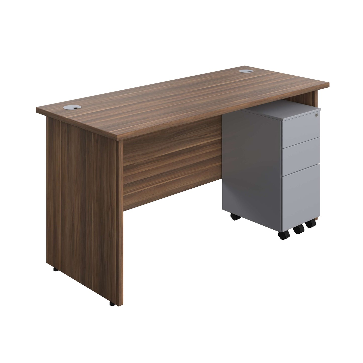 Panel Rectangular Desk + 3 Drawer Slimline Steel Pedestal Bundle (FSC) | 1400X600 | Dark Walnut/Silver