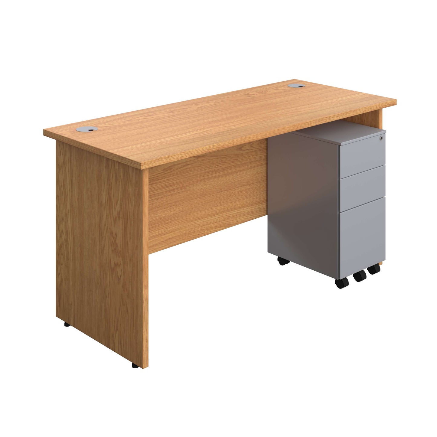 Panel Rectangular Desk + 3 Drawer Slimline Steel Pedestal Bundle (FSC) | 1400X600 | Nova Oak/Silver